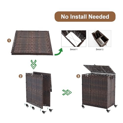 Laundry Hamper with Wheels&Lid, 50.2 Gallons(190L) Rolling Laundry Basket with Wheels, 3-Section Laundry Hamper, Handwoven Rattan Clothes Hamper with 6 Removable Liner& 3 Mesh Laundry Bags, Brown - color: Brown