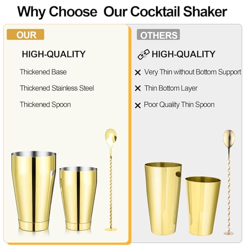 Mwellewm Cocktail Shaker Boston Shaker Set 15 Pcs Professional Bartender Kit Bar Shaker Stainless Steel Drink Shaker Bartending Beginner Martini Shaker Tin Mixed Alcohol Shaker Tool(Gold) - color: Gold