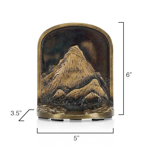 Cast Iron Mountain Bookends Set, Antique Brass Book Ends, 2 Decorative Book Holders for Shelves or Bookcase, Stylish Brass, Non-Skid Anti-Slip Heavy Duty, Home Décor Gift