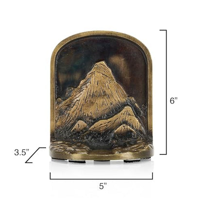 Cast Iron Mountain Bookends Set, Antique Brass Book Ends, 2 Decorative Book Holders for Shelves or Bookcase, Stylish Brass, Non-Skid Anti-Slip Heavy Duty, Home Décor Gift