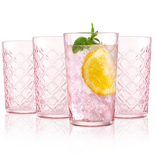 Drinking Highball Glasses Set of 4, Vintage Cross Hatch Glass Cups, 15.5oz Tall Drinking Water Glasses, Dishwasher Safe Pink Glass Tumbler Glassware for Water, Juice, Cocktail, Coffee, Whiskey - color: Pink