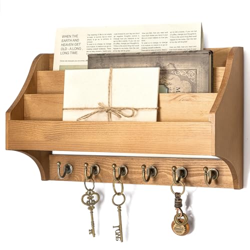 Rebee Vision Mail Organizer Wall Mounted with 6 Hooks for Entryway, Yellow | Pine Wood, Key Holder Wall Mount, 3-Tier Mail Holder, Sturdy Key Hooks, key Hanger, Home Office, Apartment Rustic Aesthetic - color: Yellow