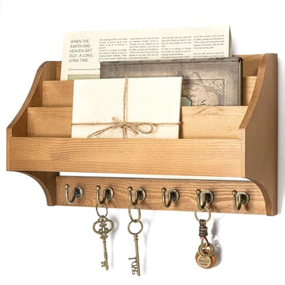 Rebee Vision Mail Organizer Wall Mounted with 6 Hooks for Entryway, Yellow | Pine Wood, Key Holder Wall Mount, 3-Tier Mail Holder, Sturdy Key Hooks, key Hanger, Home Office, Apartment Rustic Aesthetic - color: Yellow