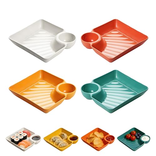 4 Pcs Chips and Salsa Serving Dish Plates, Veggie Platter Dipping Serving Trays with Sauce Rack for Buffet, Family Party, Appetizer, Sushi, Taco, Salsa, Charcuterie, Barbecue Plate. Reusable (All) - color: All