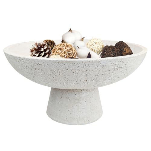 Large Decorative Fruit Bowl - Modern Handcrafted Resin Pedestal Bowl for Kitchen Counter, Entryway Key Holder & Table Centerpiece, Off-White Travertine Stone Bowl - color: Beige
