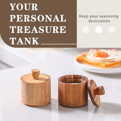 2 Pcs Wooden Pepper Salt Box Cellar with Lid Set Rustic Pepper Holder Condiment Pots Small Salt Keeper for Kitchen Spice Sugar Trinket Gift, 3.35 x 2.95 Inch