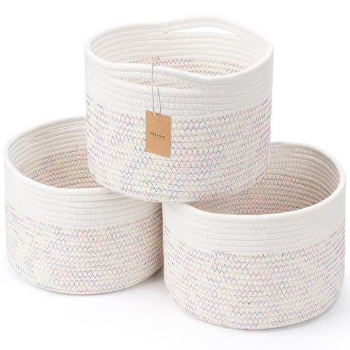 3 Pack Small Rope Storage Baskets, 9.82×9.82×7.1", Rainbow | Cotton Basket for Gifts Empty, Cute Round Woven Basket, Decorative Shelf Basket Organizer, Organizing Basket for Shelves - color: Rainbow-3PCS