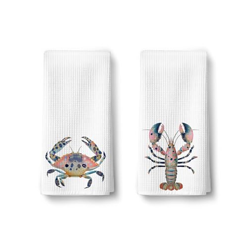 2 Pack Crab Coastal Hand Towels for Bathroom - Lobster Nautical Ocean Waffle Bath Hand Towel Decorative for Summer Kitchen Dish Towels, Beach House Coastal Bathroom Decor, Beach Gifts for Women Men067 - color: Ccolor009