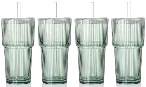 4PCS Green Ribbed Glass Cups with Lids and Straws, 20oz Vintage Drinking Glasses, Aesthetic Iced Coffee Cups, Glass Tumbler for Boba, Beer, Tea, Cocktails, Green Ribbed Glassware Set - color: Green-4
