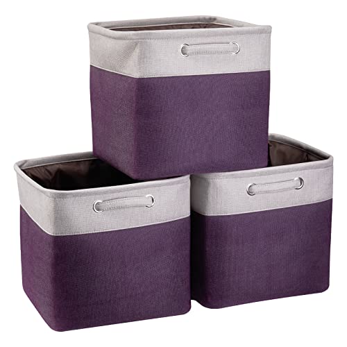 13 Inch Cube Storage Bins Purple - 3-Pack Purple Storage Cubes with Handles, 13x13x13 Fabric Storage Bins, Foldable Dark Purple Storage Baskets for Shelves, Cloth Organizer Cube Bins