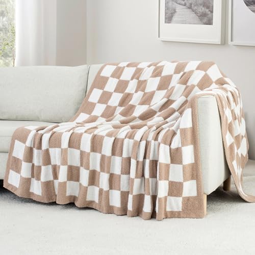 Carriediosa Checkered Throw Blanket 90x90, 400GSM Ultra Soft Microfiber | Taupe, Queen, Fuzzy Fluffy Cozy Plush Knitted Plaid Checker, Lightweight Cute Preppy Fall Blankets & Throws for Couch, Bed - color: Check - Taupe, size: 90" X 90"