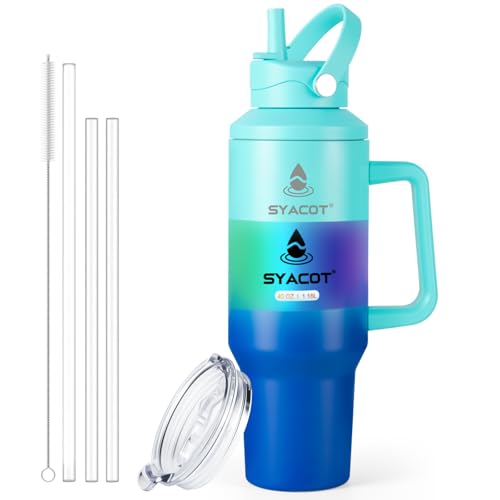 40 oz Tumbler with Handle and Straw or Convert to 40 oz Insulated Water Bottle Fits in Cup Holder. Stainless Steel Metal Water Flask with 2 Lids for Travel,Camping,Gym Sports Coffee Mug Thermal Cup - color: Green Blue Gradient
