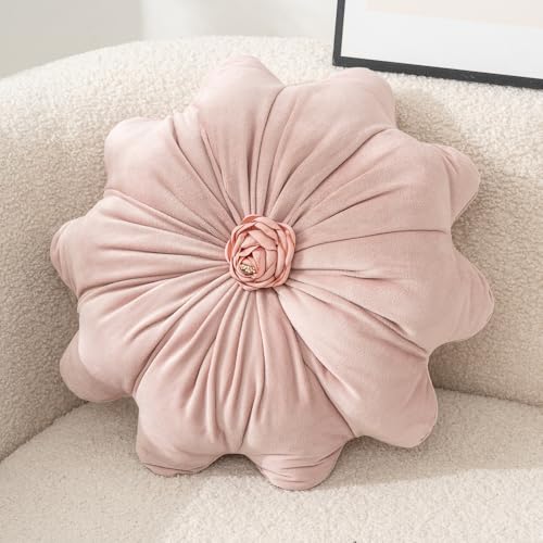 Flower Pillow Cushion Round Decorative Throw Pillows 15.7 Inch Velvet Flower Shaped Pillow Floral Cushion for Sofa, Couch, Vanity Chair, Bed (Pink) - color: Pink