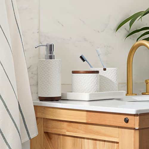 Bathroom Accessories Set, 5-Piece Ceramic and Wood Bath Accessory Complete Set with Lotion Dispenser/Soap Pump, Cotton Jar, Vanity Tray, Tumbler and Toothbrush Holder (White and Beige)