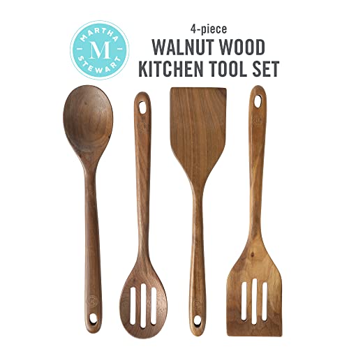 Martha Stewart Bainford 4-Piece Wooden Kitchen Utensil Set, Walnut – Cooking Spoons and Turner Tools for Nonstick Cookware, Heat Resistant, Durable Hardwood