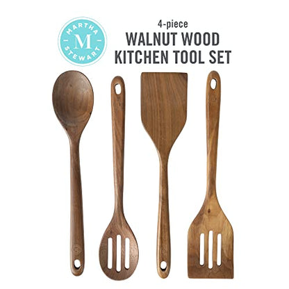 Martha Stewart Bainford 4-Piece Wooden Kitchen Utensil Set, Walnut – Cooking Spoons and Turner Tools for Nonstick Cookware, Heat Resistant, Durable Hardwood