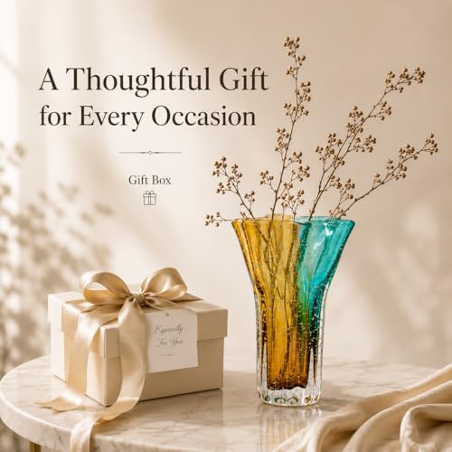 Art Glass Vase with Hand Blown Bubble Texture, Decorative Blue Amber Glass | Modern Home Decor Accent for Flowers Living Room, Dining Table, Shelf Entryway Display