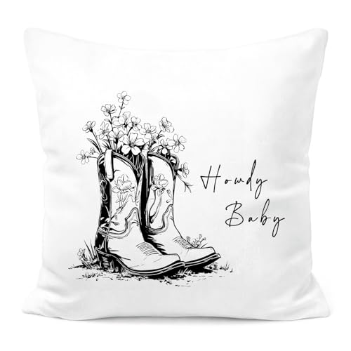 Floral Western Cowboy Boots Pillow Covers 18x18, Western Home Room Decor, Country Farmhouse Rustic Howdy Baby Decorative Throw Pillow Covers for Home Bedroom Living Room - color: White-floral Western Cowboy Boots