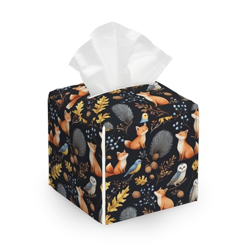 Tissue Box Cover,Owl Bird Fox Hedgehog Leaves Leather Tissue Holder Organizer Portable Square Decorative Facial Paper Case for Home Office Bathroom Vanity Countertop - color: Owl Bird Fox Hedgehog Leaves