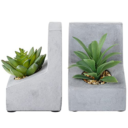 MyGift Concrete L-Shaped Bookends with Artificial Succulent Plants, 1 Pair | Weighted concrete construction helps keep books upright while faux greenery adds a natural decorative accent to shelves - color: Artificial Succulent