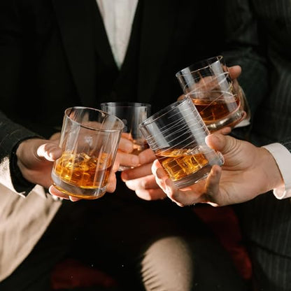 Joeyan Hand Blown Etched Whiskey Glasses,Old Fashioned Tumblers with Stripes Dots Pattern,Clear Carved Rocks Glasses,Scotch Bourbon Glassware for Party Anniversary,13.5 oz,Set of 4,Dishwasher Safe - color: Etched Dots Swirls Strips Patterned Whiskey Glass