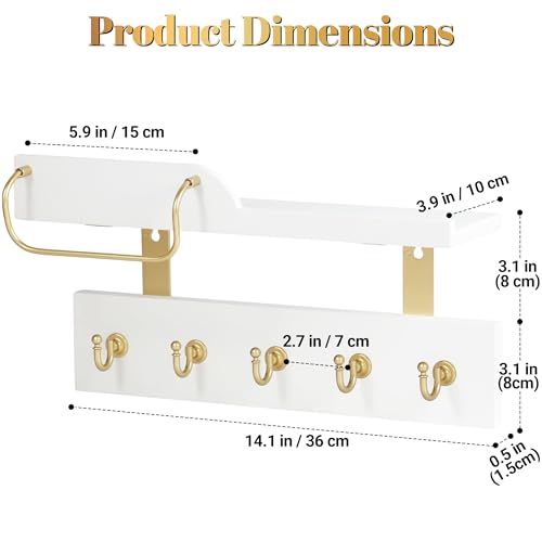 Tirzah Key Holder Wall Mount 2-Tier Real Wood White Entryway Organizer Floating Shelf with 5 Gold Metal Hooks, Sunglasses Holder Bar, Guard Rail for Keys, Mails, Hats (14" × 6" × 4")