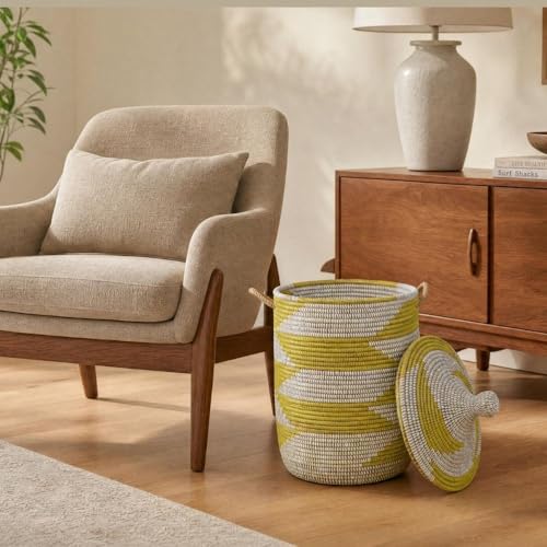 Decorative African Hooded Basket with Lid and Handles, 15" Wide, 19" Tall (Yellow White) - color: Yellow White