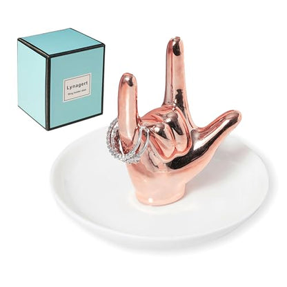 Lynagert I LOVE YOU Hand Ring Holder - Ceramic Jewelry Holder Dish Trinket Tray for Rings, Earrings, Necklace Organizer, Engagement & Wedding Ring Holder, Christmas & Birthday Gifts (Rose Gold) - color: Rose Gold