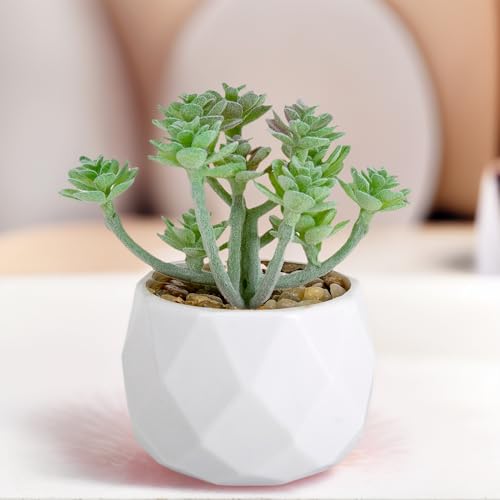 Mini Artificial Succulent Plants in Pot, Diamond Ceramic Decorative Plant for Home, Office Desk Succulent for Living Room, Bedroom, Yellow-Green - color: Green C