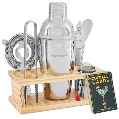 Cocktail Shaker Set - Bartender Kit with Pine Stand | Leak-Proof Design | Includes Martini Shaker, Jigger, Strainer, Spoon, Tongs | Perfect Bar Tools Gift for Home Mixology (Silver) - color: Silver / Light Stand, size: 8 Pieces