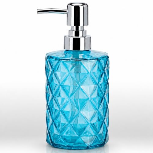 LGURT Prism Clear Blue Glass Soap Dispenser, Stainless Steel Pump | 12 oz, kitchen bathroom countertops, non-drip pump, modern gift-ready decor - color: Clear Blue