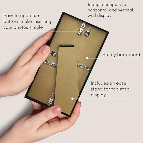Americanflat 4x8 Picture Frame - Slim Molding - Black | Shatter-resistant glass, wall or tabletop display with included easel, triangle hangers included, secure turn-tab backing - color: Black, size: 4x8