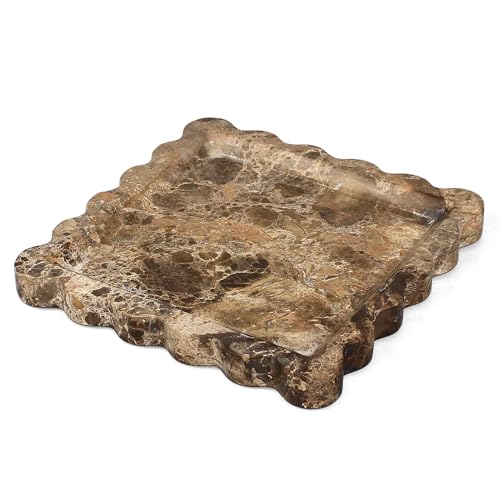 Brown Marble Tray, Scalloped Coffee Table Tray Decor, 8" Square Tray | Natural Handcrafted Marble Decorative Tray with Anti-Slip Base. Vintage Square Bathroom Tray for Perfume, Vanity and Kitchen - color: Brown
