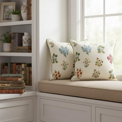 Embroidered Throw Pillow Covers 18x18 inch Pack of 2 Multiflower | Durable Fabric,Square Pillow Cover,Boho Decorative,Hidden Zipper,Aesthetic Design,Ideal Gift,Machine Washable - color: Multiflower