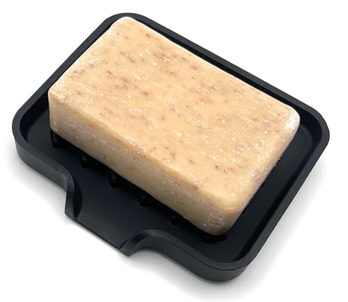 Silicone Soap Dish Tray and Sponge Holder with Drain Chute and Feet | 3-Way Sloped Design | Bathroom and Kitchen Sink Organizer Caddy (Black, 5"x4", 3.5 Ounces) - color: Black, size: 5"x4"