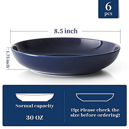 Y YHY Pasta Bowls, 30oz Soup Bowls Salad Bowls Large Serving Bowl Porcelain Pasta Plates Wide and Shallow Bowls Set of 6 Microwave Dishwasher Safe, Blue - color: Blue, size: 30 oz
