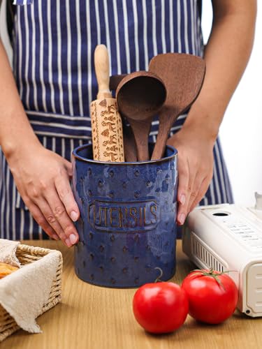 GDCZ Ceramic Utensil Holder 7 Inch, Utensil Crock for Countertop (Blue) | Large 7" Capacity, Sturdy Countertop Tool Organizer, Durable Ceramic, Embossed Utensils - color: Blue