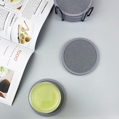 Absorbent Coasters for Drinks with Holder - 6packs, Silicone Coaster with Soft Felt Insert (4.3 inch Coasters with 4.5 inch Holder, Grey) - color: Gray