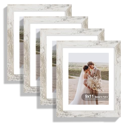 Hongkee 9x11 Picture Frame Set of 4, Made of Real Glass and Distressed White Frame - Display Picture 7x9 with Mat or 9x11 Without Mat, 9 by 11 Photo for Wall or Tabletop - color: Distressed White, size: 9x11 in