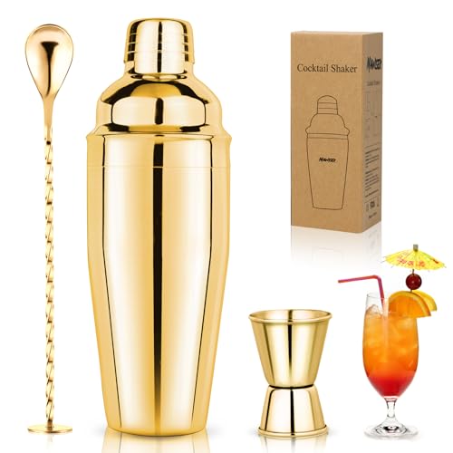 24oz Cocktail Shaker Set Martini Shaker Set Bartender Set | Professional 18/8 Stainless Steel Bar Tools with Margarita Mixer Drink Shaker, Measuring Jigger and Mixing Spoon (Gold) - color: Gold
