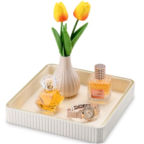 GORESE Square Nightstand Tray Perfume Organizer, Leather Decorative Tray, Purse Bowl Catch All Trays for Trinket Keys, Valet Jewelry Trays for Vanity, Gift for Women & Men, Cream White(9.3'' × 9.3'') - color: Cream White