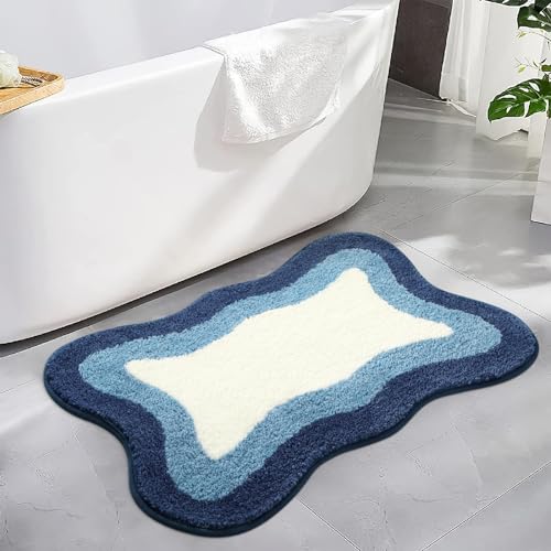 HAOCOO Bathroom Rugs 18x25 inch, Extra Soft Non Slip Blue Irregular Shape Bath Rugs, Microfiber Absorbent Washable Small Rug Bath Mats for Bathroom Floor Door Mat Tub Shower - color: Blue, size: 18x25 inch (Irregular)