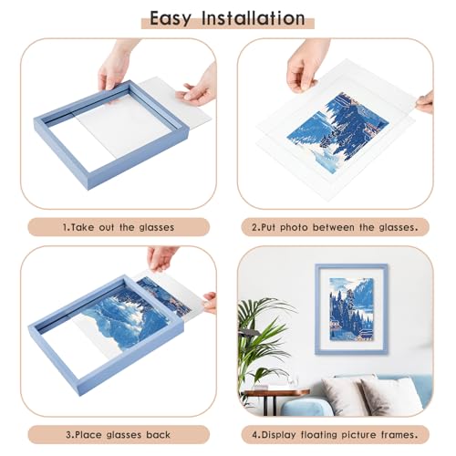 MUYE 10x10 Floating Frame Set of 2,Double Real Glass Square Photo Frame,Display Any Size Photo up to 10x10,Wall Mount or Tabletop Standing,Blue - color: Blue, size: 10x10