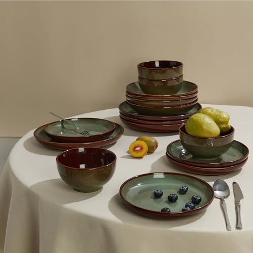 16 Piece Double Bowl Dinnerware Sets with Pasta Bowls, Highly Chip and Crack Resistant Plates and Bowls Sets, Natural Earthyware Ceramic Dishware Sets, Service for 4 Sage Green - color: Sage Green, size: Set (16pcs)