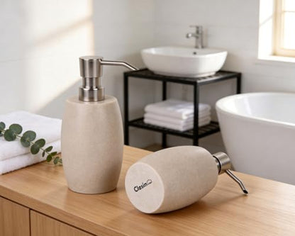 Clasin Home Sandstone Textured Resin Soap Dispenser with Metallic Pump and Waterproof Bottle Labels for Bathroom Kitchen Dish Hand Wash Shower Lotion Shampoo, 12 Oz, Beige - color: Natural Beige