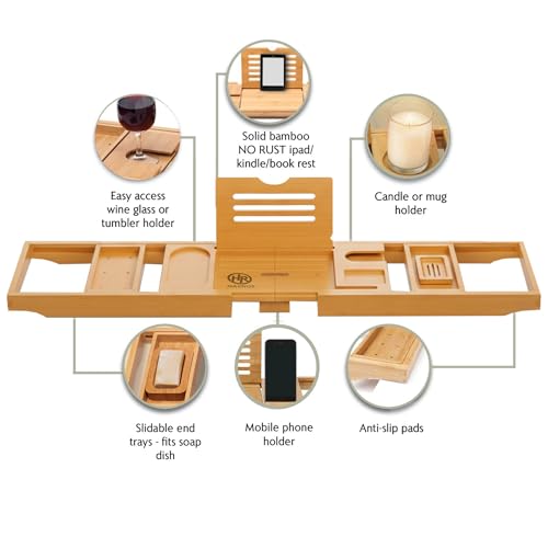 Bamboo Bathtub Caddy Tray Expandable & Foldable Bath Shelf with Book, Tablet & Wine Holder Adjustable Wooden Bath Tray for Relaxing Spa at Home – Fits Most Tub Sizes. - color: Bamboo