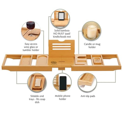 Bamboo Bathtub Caddy Tray Expandable & Foldable Bath Shelf with Book, Tablet & Wine Holder Adjustable Wooden Bath Tray for Relaxing Spa at Home – Fits Most Tub Sizes. - color: Bamboo