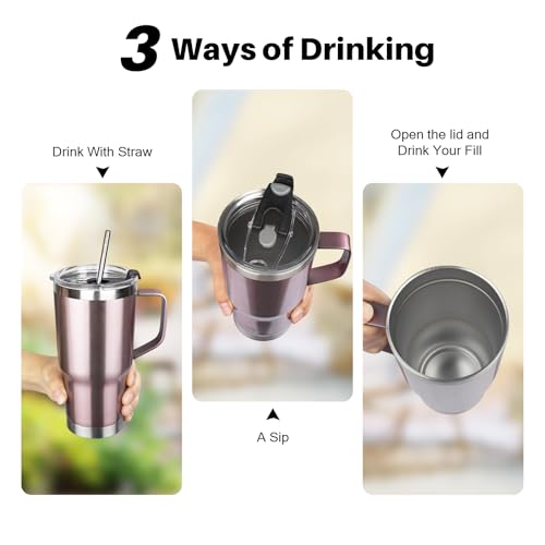 20 oz Tumbler with Handle, Stainless Steel Insulated Tumbler with Lid and Straw, Double Wall Vacuum Coffee Mug Tumbler, Insulated Coffee Thermal Cup for Cold and Hot (Rose gold) - color: Rose Gold, size: 20 Ounces