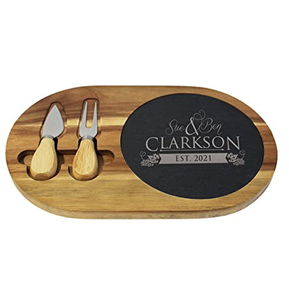 My Personal Memories Premium Personalized Acacia and Slate Cheese and Charcuterie Serving Board with Tools Included (Round Couples 8" x 12") - style: Round Couples 8" x 12"