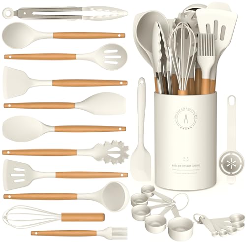Silicone Cooking Utensils Set, Silicone Utensils for Cooking, 446° Heat Resistant Kitchen Utensil Silicone Spatula Sets, Kitchen Gadgets for Non-Stick Cookware BPA FREE (Cream White) - color: Cream White